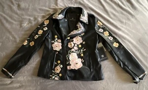 Bagatelle Jacket Black Faux Leather Moto Embroidered, Belle Vere Like Medium NEW - Picture 1 of 14