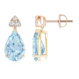 ANGARA Natural 3.28 Ct Aquamarine Drop Earrings with Trio Diamonds in 14K Gold - Picture 1 of 41