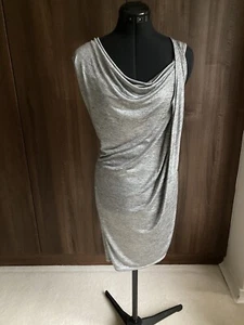 Jane Norman silver Shiny Lurex Metallic stretchy party dress Draped Fits 8 10 12 - Picture 1 of 12