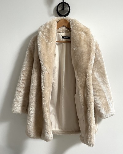OFF WHITE Cappotto pelliccia misguided ecopelliccia donna UK 8 crema beige bianco sporco