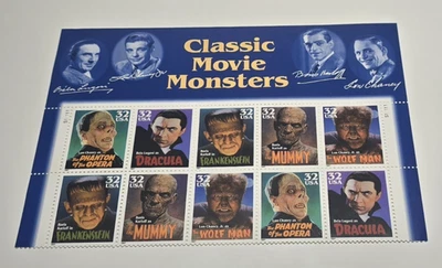 HOLLYWOOD CLASSIC FILMS MOVIE MONSTERS US 3168-3172 MVF P# HEADER 10 STAMP BLOCK - Image 1 of 2