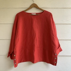 BRYN WALKER Oversized Linen Tunic Top Red M Lagenlook Buttons 3/4 Sleeves - Picture 1 of 10