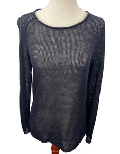 Eileen Fisher Top Womens XS Navy Blue 100% Linen Loose Knit Pullover Roll Neck - Picture 1 of 14