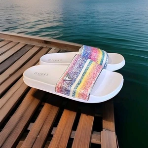 Guess Slides Slip On Sandals Rainbow Glitter Logo Size 6M Women - Picture 1 of 4