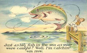 Catching As Big a Fish As Ever Caught Comic Exaggerated Postcard - Picture 1 of 2