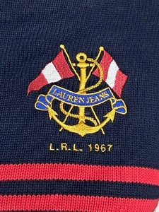 Ralph Lauren Nautical Sweater Womens Size M Embroidered Flag Crest Red & Blue St - Picture 1 of 10