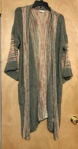 Easel Boho Open Duster Long Cardigan Gray/Pink Bell Sleeve M/L - Picture 1 of 11