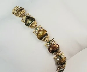 Signed KJL Kenneth Jay Lane Golden Enamel & Rhinestone OWL Link Bracelet - Picture 1 of 10