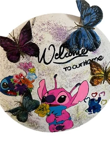 Stitch Welcome Home Butterflies Homemade Arcylic Painted Wood Decor Door Hanger - Picture 1 of 2