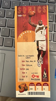 2000 Lakers @ Sonics 11/30 Full Ticket PAYTON EWING SHAQ KOBE BRYANT NBA CHAMPS - Image 1 of 2