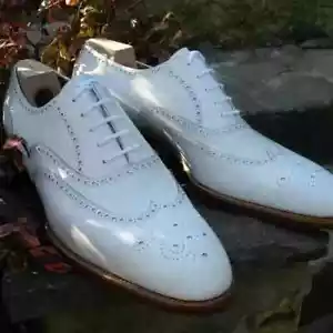 Tailor Men White Leather Brogue Oxford Shoes, Men wingtip Formal Dress Shoe - Picture 1 of 9