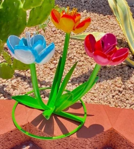 Large Metal Multicolor Tulip Flower Bouquet Yard Art Garden Decor - Picture 1 of 4