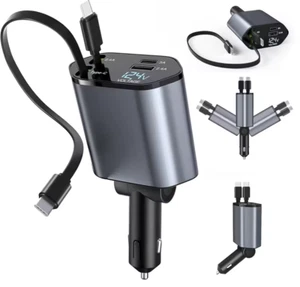 4 in 1 Retractable Car Charger Fast Car Phone Charger 120W With USB Type C Cable - Picture 1 of 5