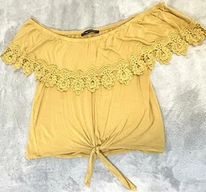 RAGGS II RICHES GOLD YELLOW OFF SHOULDER LACED SHIRT FRINGE CROP TOP LARGE - Picture 1 of 5