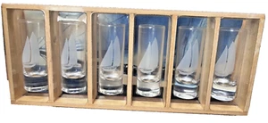 Royal Copenhagen Set of 6 Engraved Sailboats 4" Cordial Shot Glasses Wooden Case - Picture 1 of 6