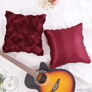 3D Satin Rose Flower Throw Pillow Cover Shell 2pcs, Burgundy - Picture 1 of 12