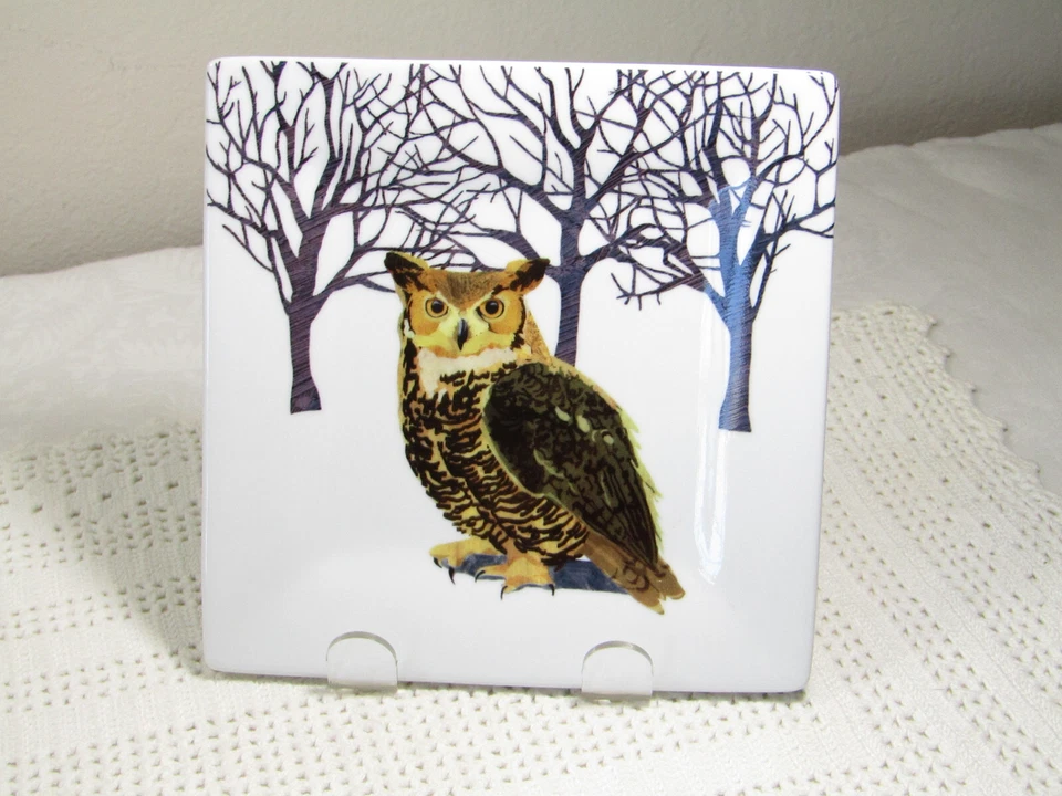 Two Can Art PPD Owl in Winter Artic Snow Appetizer Plate Porcelain 6” Square - Image 1 of 4
