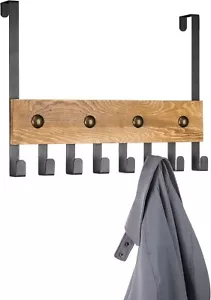 Black Metal and Brown Wood Over The Door Hook Rack Bathroom Towel Rack w/ Hooks - Picture 1 of 5