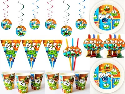 Om Nom Birthday Party Set Banner Plates Cups Swirl decorations Party Blowers - Image 1 of 4