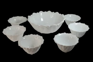 Lily Pons White Milk Glass Sunflower Serving Bowl and 6 Dessert/Berry Bowls Vtg. - Picture 1 of 10