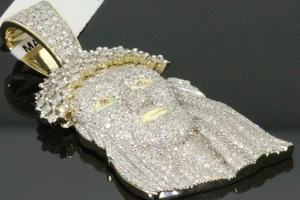 10K YELLOW GOLD 3.75 CT DIAMOND 2 INCHES MEN JESUS FACE HEAD CROSS CHARM PENDANT - Picture 1 of 3