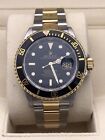Rolex Mens Submariner Date 18k Yellow Gold Stainless Steel Watch Black Sub 16613