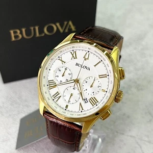 Bulova Wilton Classic 46mm White Dial Brown Leather Quartz Men's Watch 97B169 - Picture 1 of 9