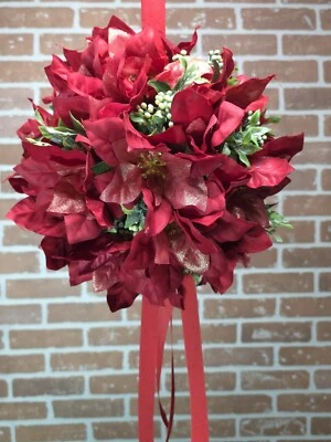 Kissing ball Christmas Poinsettias Faux Homemade Kissing Ball With Red Ribbon - Image 1 of 4