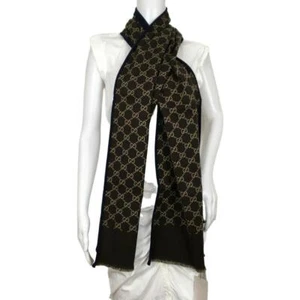 Gucci Women's Scarf Double Sided Blue Other Side Brown Beige Monogram GG - Picture 1 of 11