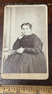 CDV Heavier set Woman siting leaning on stack of books Webster, Oshkosh WI - Picture 1 of 2