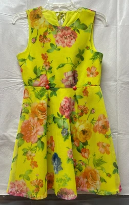 Bonnie Jean Girl's Bright Yellow Floral Poly Flare Zip Sleeveless Dress Sz 14 - Image 1 of 4