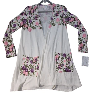 LuLaRoe Caroline offene Strickjacke Pullover - klein - weiß mit lila Blumen - neu mit Etikett - Bild 1 von 9
