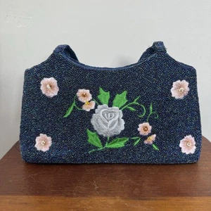 Vtg Blue Floral Hand Beaded Purse Handbag Fairy Whimsygoth Boho 90s 2000s Y2K - Picture 1 of 12