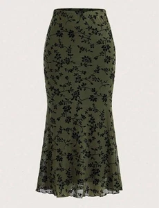 Floral Print Elastic Waist Skirt Bodycon Mermaid Skirt Women's Green Mesh - Picture 1 of 5