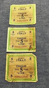 3 Series of 1943A 5 Lire Italy Banknotes Allied Military Currency
