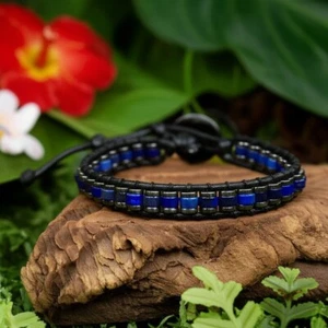 Natural Lapis Lazuli Hematite Ladder Leather Healing Protection Stone Bracelet - Picture 1 of 3