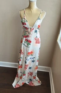 Paper Heart Womens Linen Blend Maxi Dress Sz M Fruits Palm Trees New Strapless - Picture 1 of 4