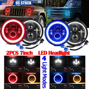 7 Inch Round LED Headlight Halo Turn Signal DRL H4 For Jeep Wrangler JK TJ LJ - Picture 1 of 19