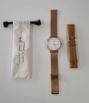 CLUSE Montre femme Doré bracelet acier inoxydable + bracelet cuir véritable/EB09 - Imagen 1 de 4