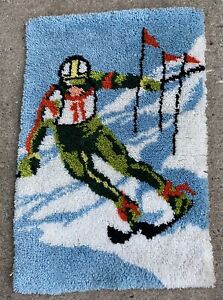 Finished Latch Hook Rug / Wall Hanging, Downhill Ski Racer, 24x34"