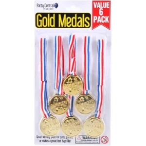 Gold Winner Medals With Ribbon 6pk Party Favours Sports Prize Award Supplies - Picture 1 of 4