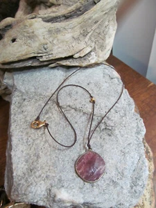 14K G.F Bead Brown Fabric Cord Lab Created Ruby Statement Pendant Necklace 4.4g - Picture 1 of 10