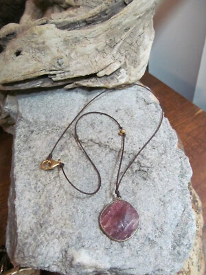 14K G.F Bead Brown Fabric Cord Lab Created Ruby Statement Pendant Necklace 4.4g - Image 1 of 4