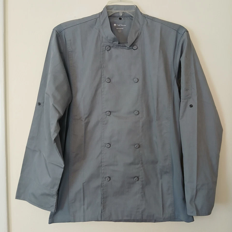 Abrigo de cocina profesional Chef Works talla mediana con botones manga larga gris Foto 1 de 4