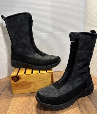 Lands' End Womens 8.5 B Black Floral Suede All Weather Zip Front Snow Boots - Image 1 of 4