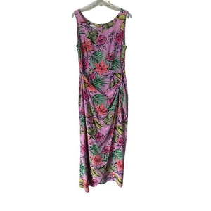 Robbie Bee Silk Floral Dress Ruched Maxi Pink Green Palm Leaf Print - Picture 1 of 9
