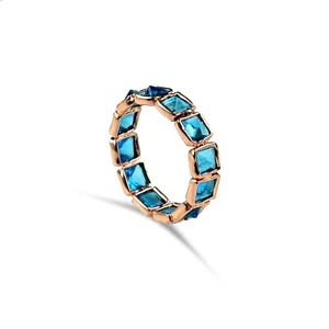 Princess Cut Blue Topaz Gemstone Stylish Fashion Wedding Statement Eternity Ring - Picture 1 of 16