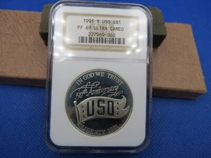 1991-S USO Anniversary Modern Silver Commemorative $1 PF 69 Ultra Cameo NGC - Picture 1 of 5
