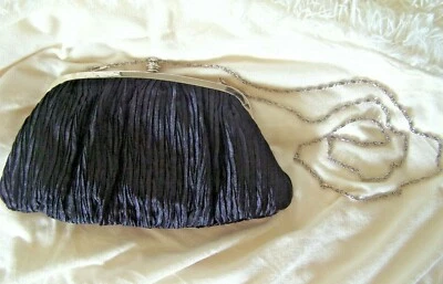 New Black & Silver Neiman Marcus Pleated Evening Satin Purse Rhinestone Clasp  - Image 1 of 4