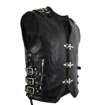 Men's Premium Heavy Duty Genuine Cowhide Leather Biker Vest Motorcycle Waistcoat - Image 1 of 4